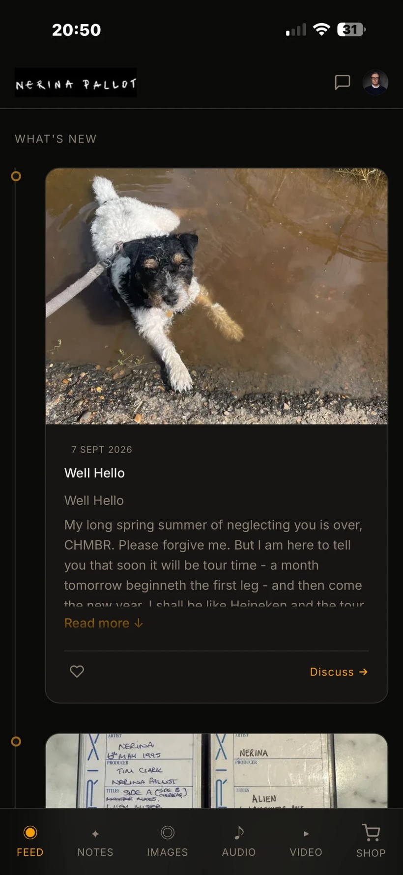 The CHMBR app on a phone: a post from 7 September 2026 with a photograph of Clive the dog